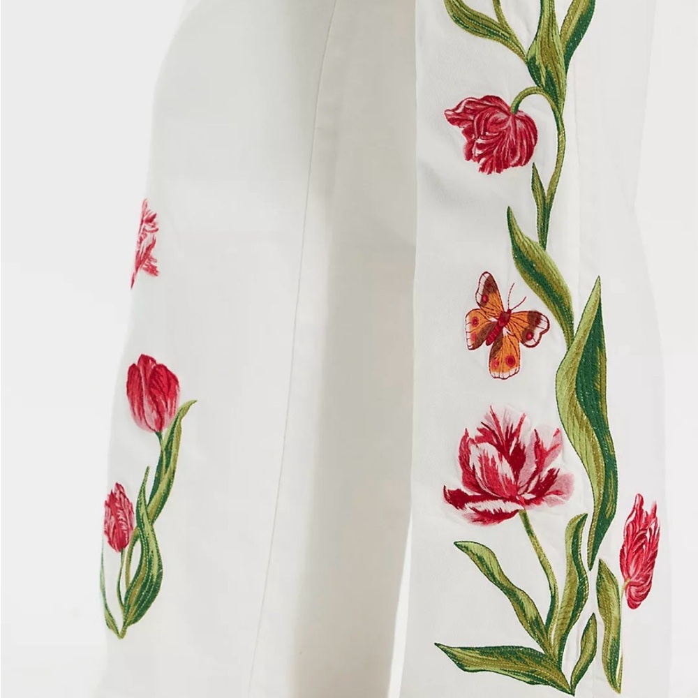 Free People White Wide-Leg Jeans with Red Floral Embroidery - Picture 4 of 5